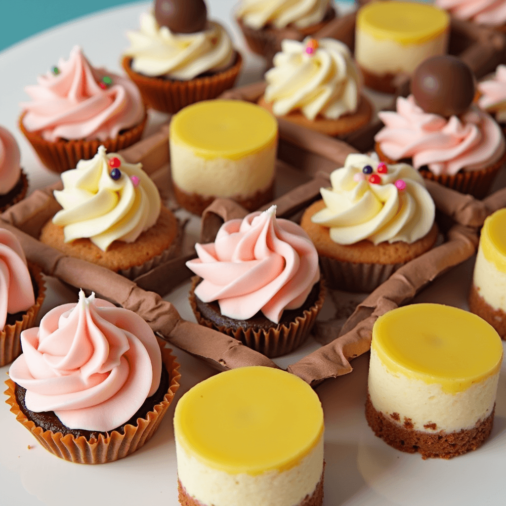 A colorful assortment of small desserts including mini cheesecakes, cupcakes, and chocolate truffles