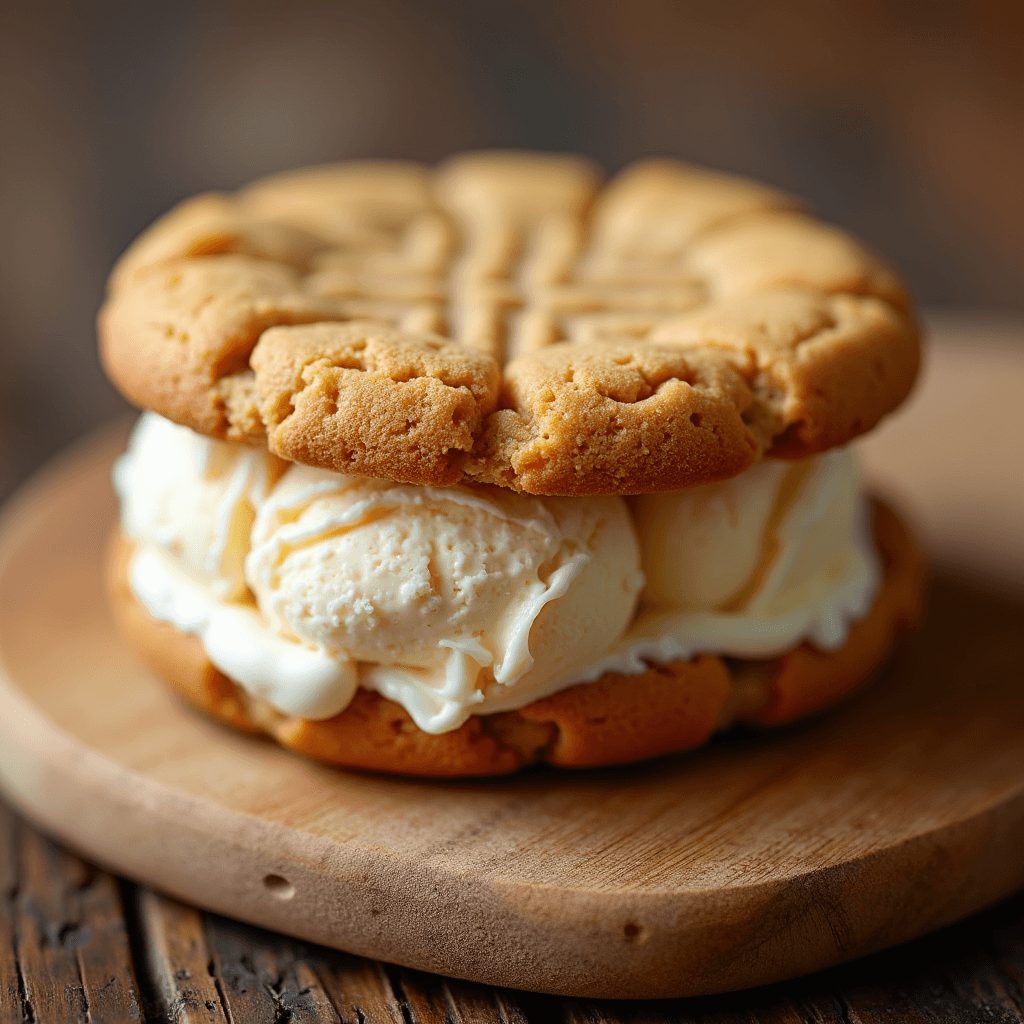Peanut butter ice cream sandwich with vanilla filling.