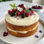 Moist vanilla kefir cake slice on plate with kefir