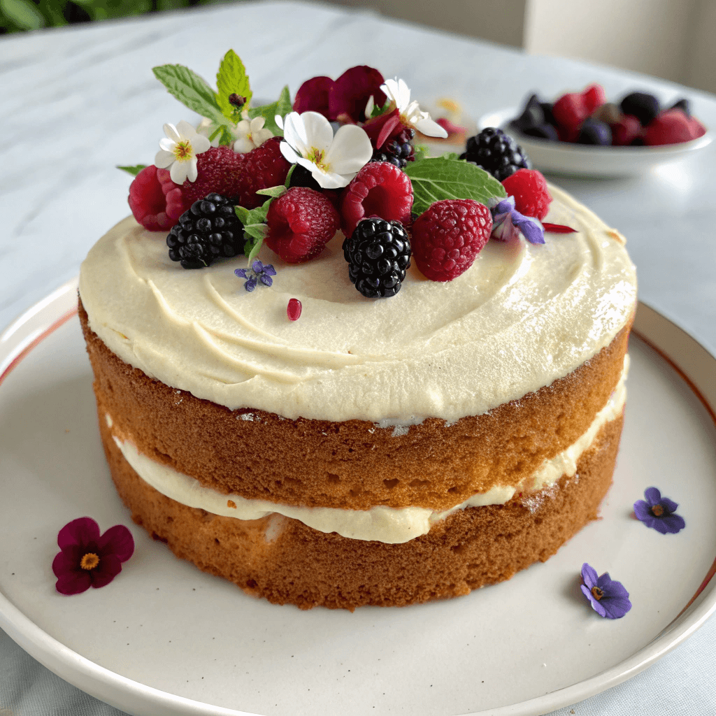 Moist vanilla kefir cake slice on plate with kefir