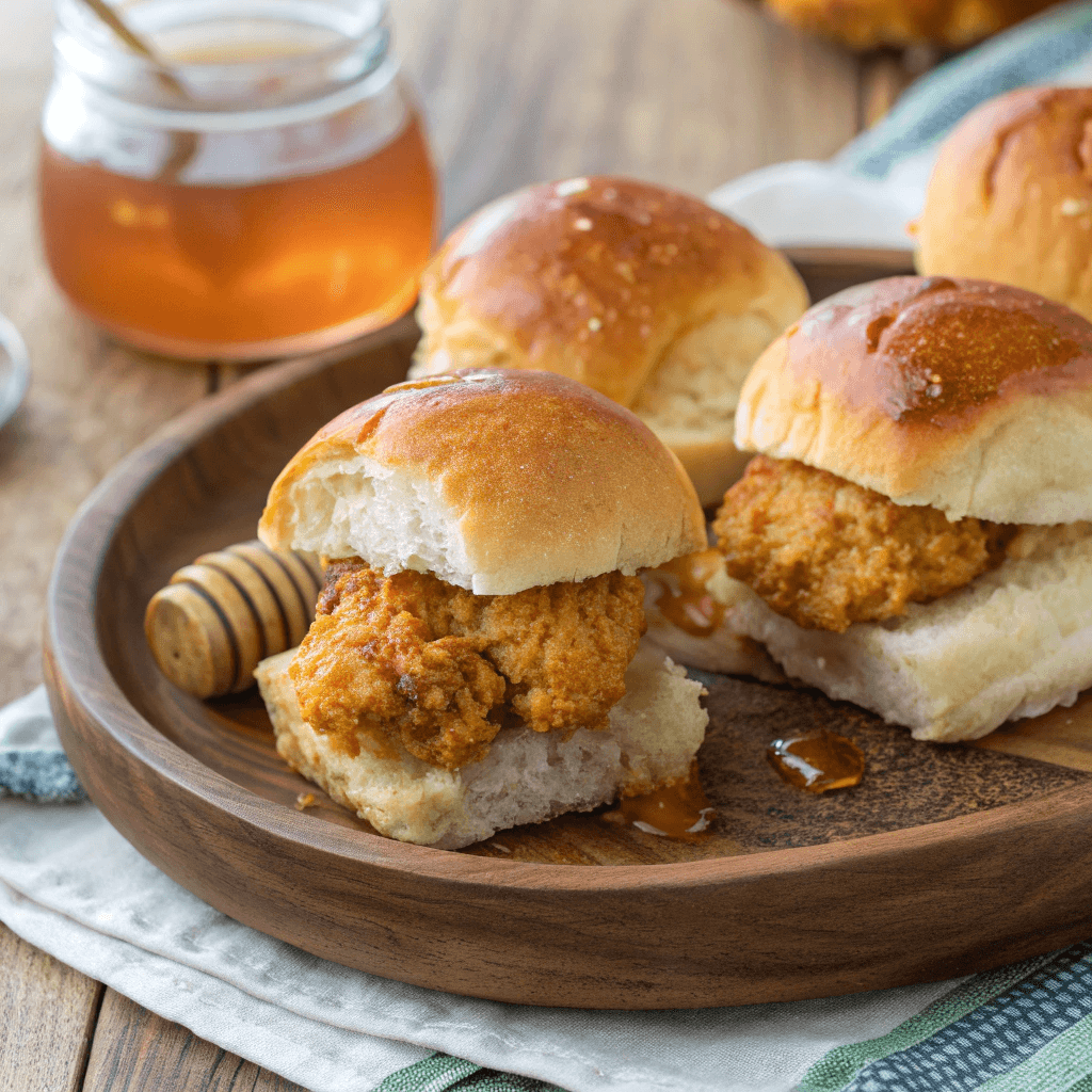 Chicken minis recipe on rustic plate with honey butter glaze