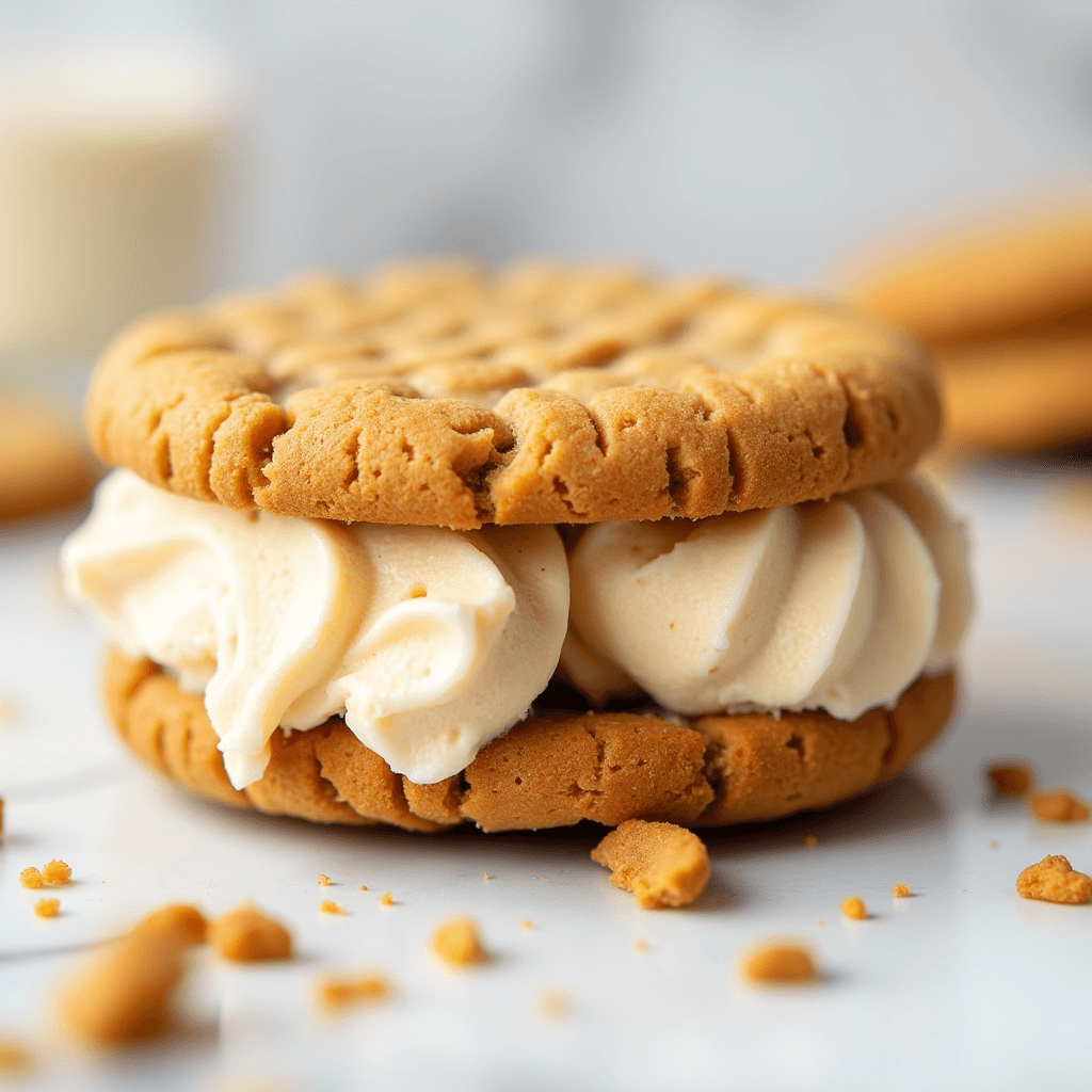 Peanut butter ice cream sandwich close-up on marble